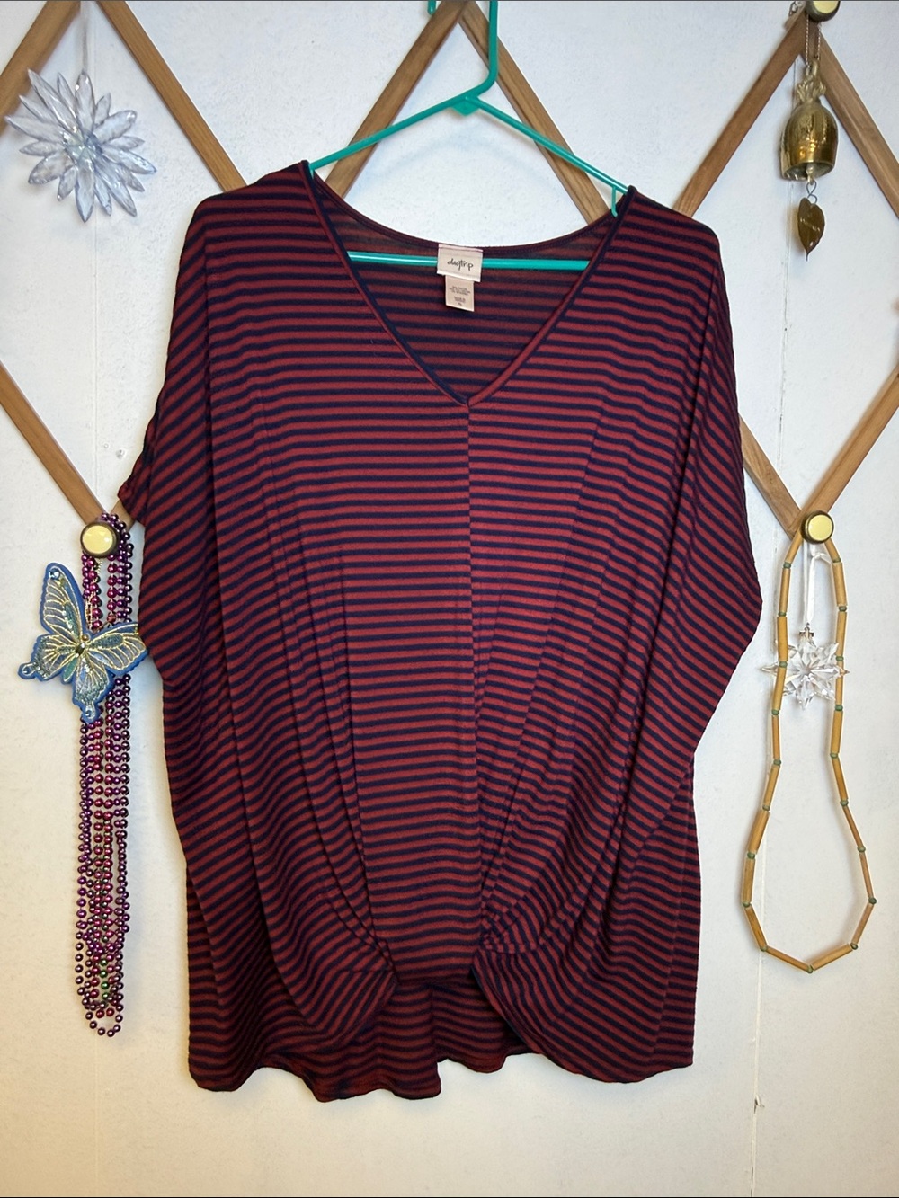 Daytrip Burgundy and Black V-Neck Twist-Front Striped Tunic